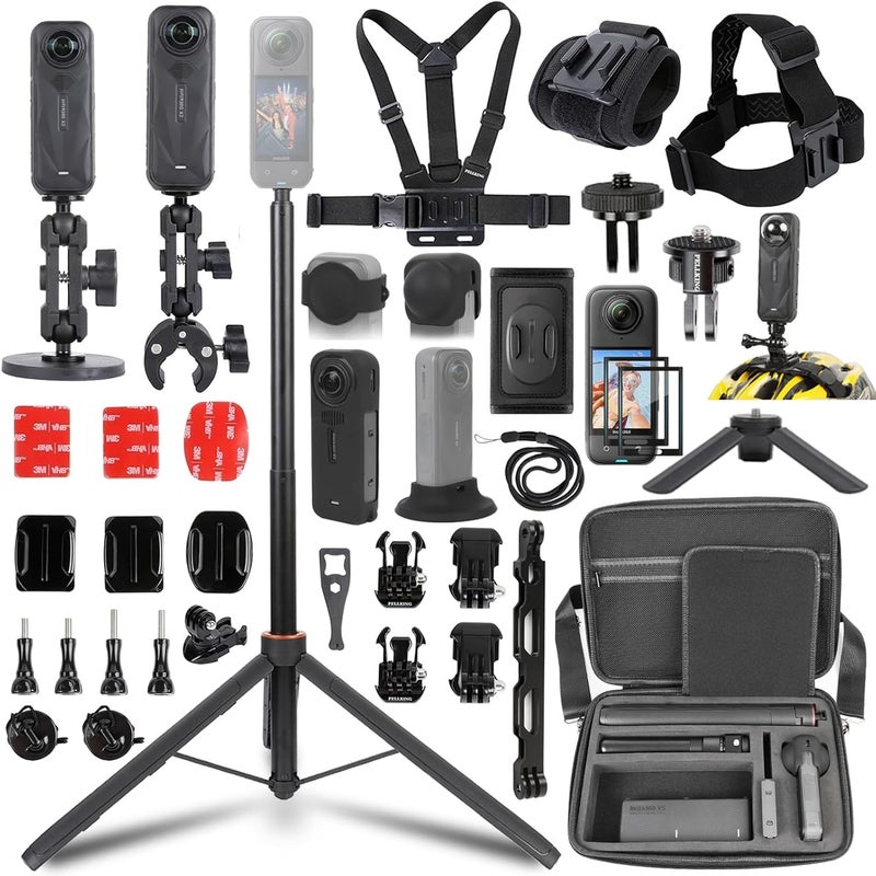 PELLKING Accessories Kit for Insta360 X5,Included Carrying Case with Belt,135cm Selfie Stick Tripod,Aluminium Handlebar Clamp.2 Pcs Metal 1/4" Adapter,Magnetic Mount,4 Pcs Body Strap Mount,and Other - Image 1